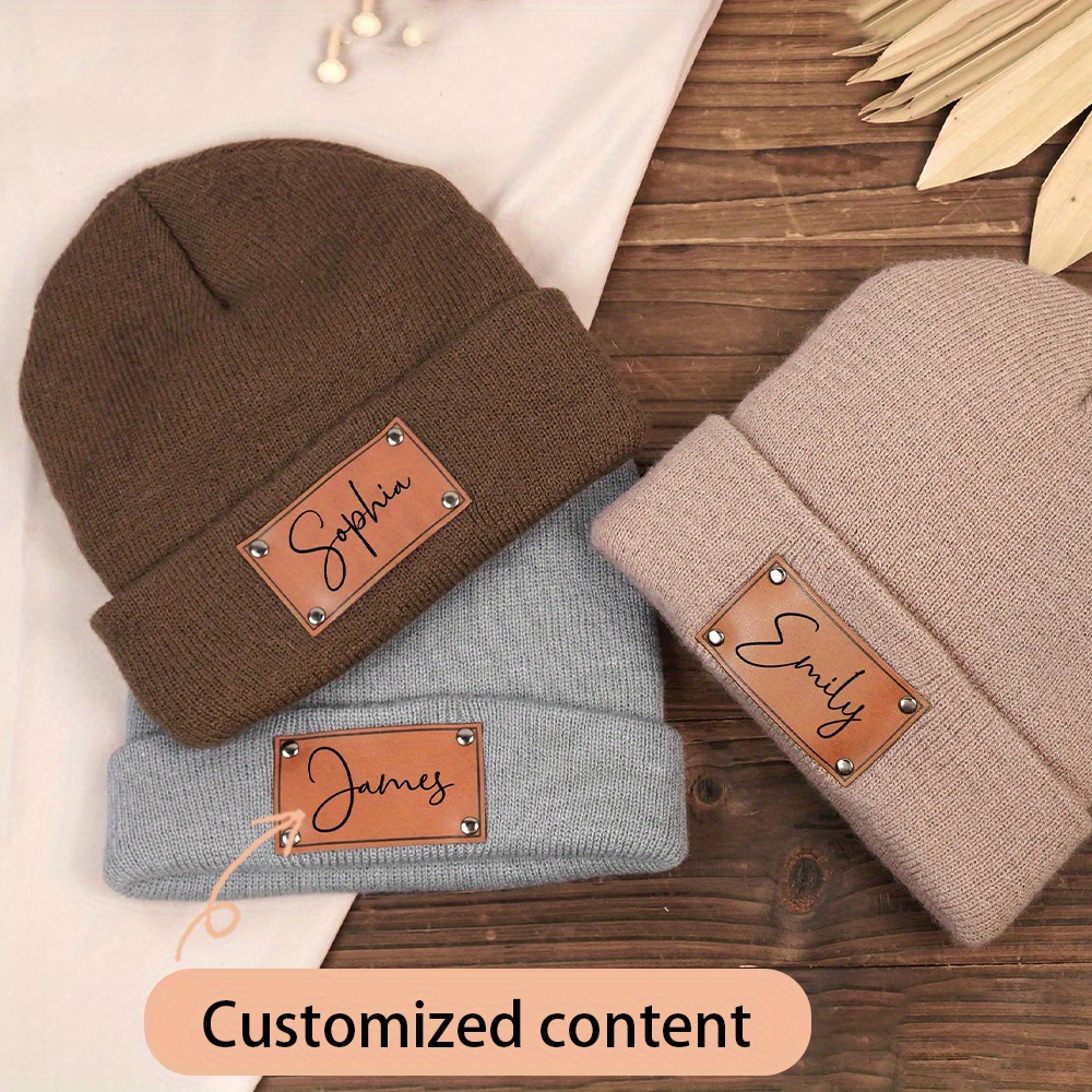 Custom Name Leather Label Knit - Beanie Cuffed Knit ulasan dan harga