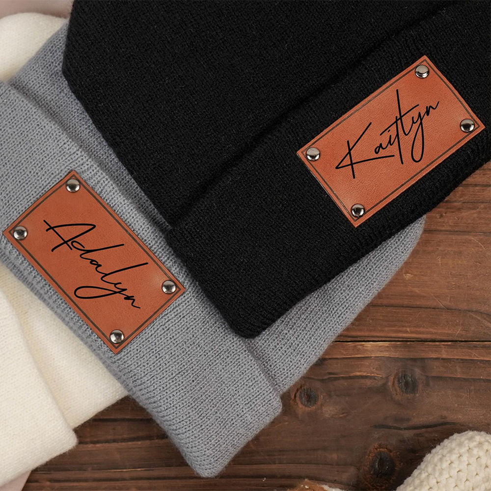 Custom Name Leather Label Knit - Beanie Cuffed Knit ulasan dan harga